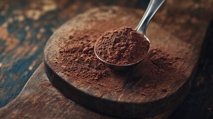 Scoop of Chocolate Protein Powder on Rustic Wooden Background