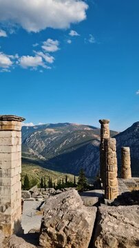 Magnificent ancient columns at the Temple of Apollo, archaeological site of Delphi, Greece, Mount Parnassus