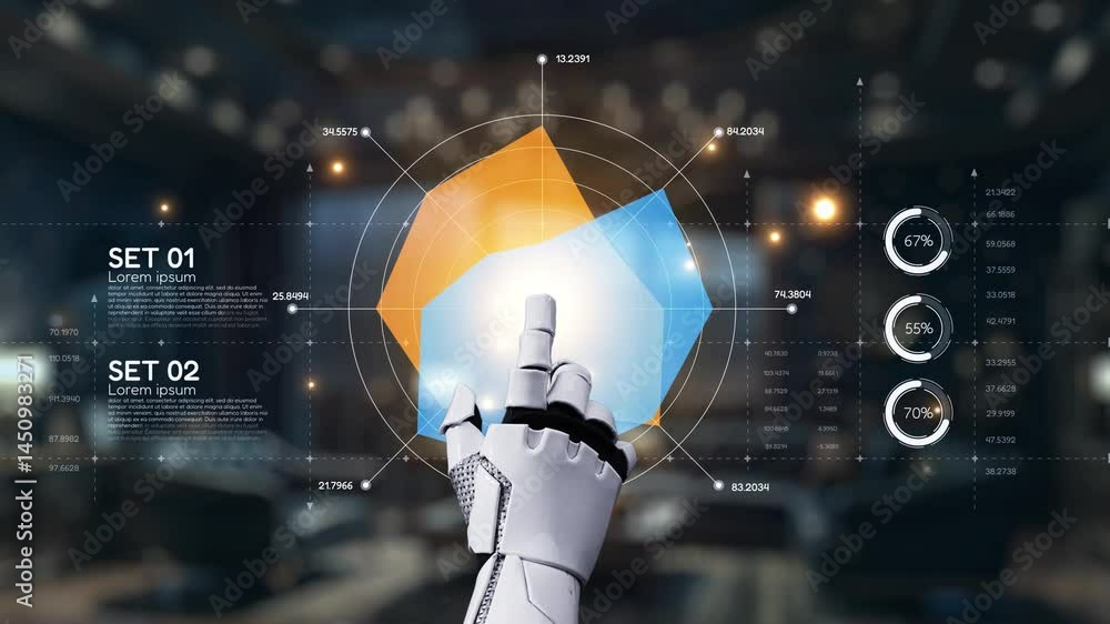 Poster a futuristic robot hand interacts with digital data visualization, showcasing metrics and analytics 
