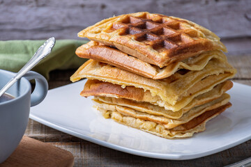 Close-up of a stack of waffles.