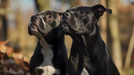 Two Adorable Black and White Pit Bulls in Autumn Woods