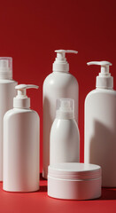 Clean Beauty Essentials: White Skincare Bottles & Jar on Red - Minimalist Beauty, Bodycare, and Hygiene Products Showcase