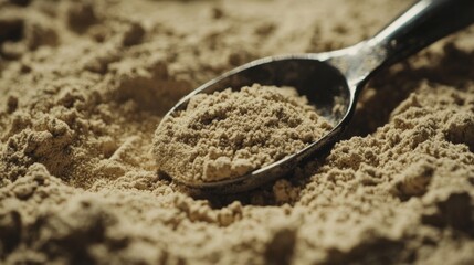 Measuring spoon resting on protein powder heap ultr standard 6x