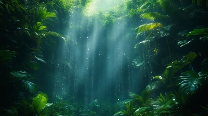 Obraz premium Sunlight Filtering Through Lush Tropical Jungle Illuminating Dense Foliage and Creating a Sere
