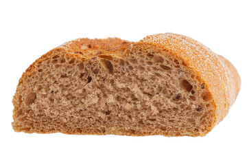 Half of buckwheat baguette isolated on white.