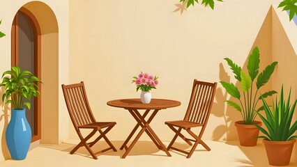 Charming outdoor patio with a wooden table, two folding chairs, and potted plants with a flower arrangement