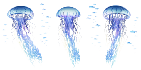 Ethereal and captivating image of a jellyfish swimming gracefully in a serene underwater scene white background.PNG