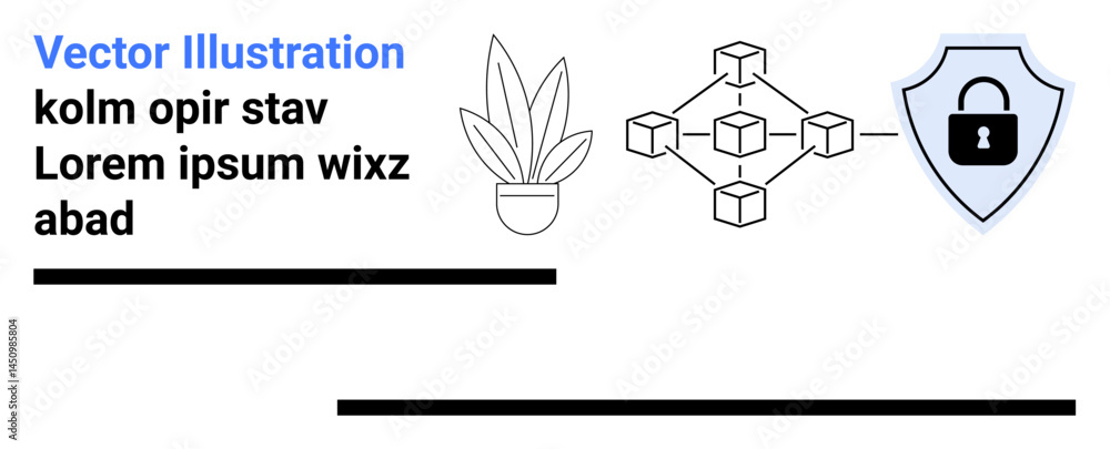 Poster potted plant, interconnected blockchain network, shield with padlock emphasizing security. ideal for