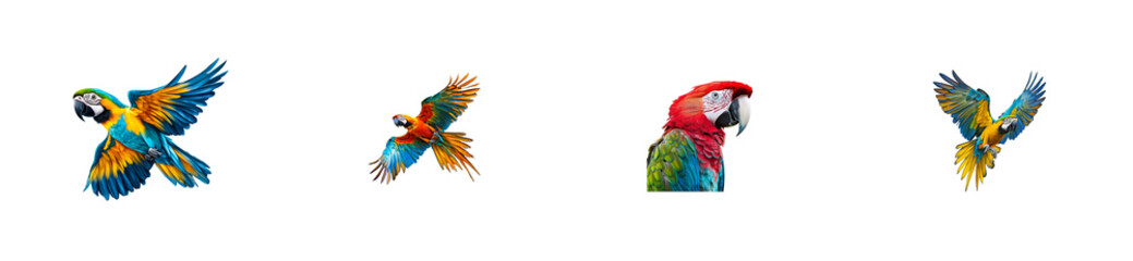 Obraz premium Collection of colorful parrots, flying and perched. cut out transparent