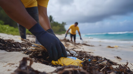 Beach Cleanup: A group of volunteers dedicated to environmental preservation gather debris, cleaning a stunning beach with pristine sands.