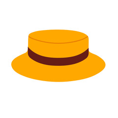 Straw-style boater hat in bright yellow with flat crown and brown ribbon band