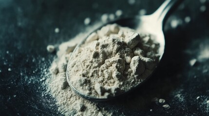 Close-up of Protein Powder Granules in Metal Spoon