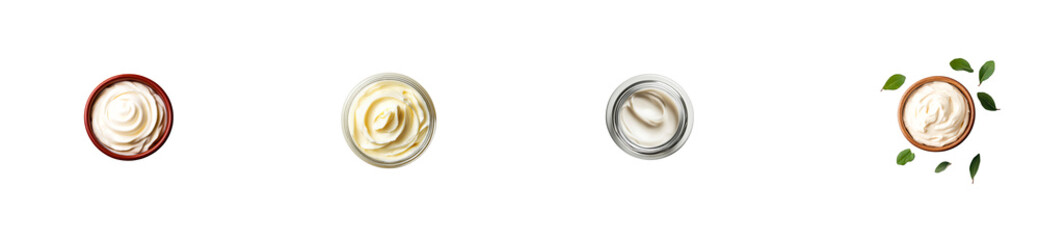 Selection of containers with cream or yogurt, top view. cut out transparent
