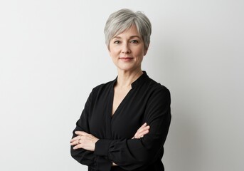 Confident woman with gray hair poses with arms crossed against white background