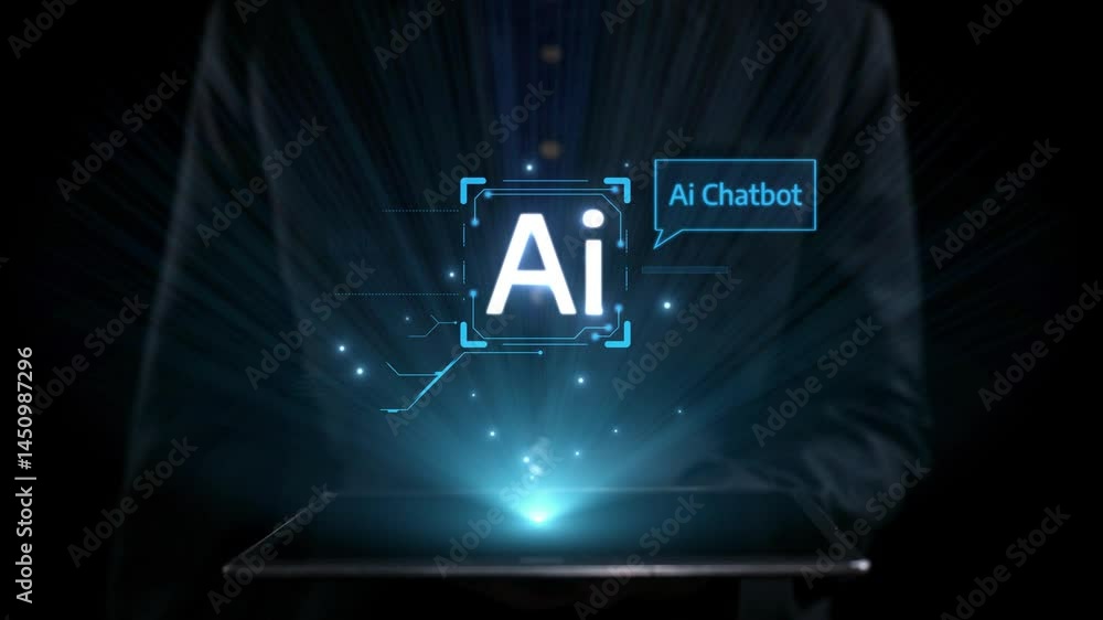 Poster human interact with ai artificial intelligence virtual assistant chatbot in concept of ai artificial