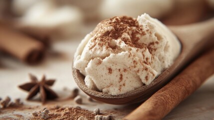 Vanilla Protein Powder in Scoop with Cinnamon Dusting