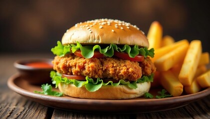 Crispy chicken sandwich, wedges, dipping sauce , studio, side dish, spicy