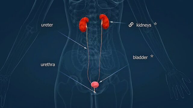 Anatomy of human female urinary system 3D animation.