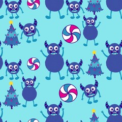 Fototapeta premium Winter monsters seamless Christmas yeti pattern for wrapping paper and fabrics