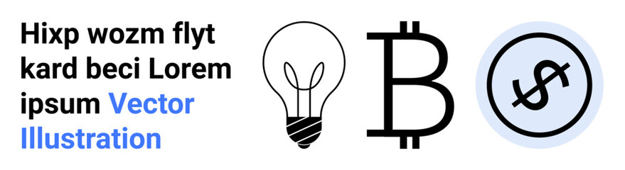 Black lightbulb, Bitcoin logo, and dollar sign inside blue circle highlighting innovation, cryptocurrency, and finance concepts. Ideal for fintech, banking, economy, investment technology startups