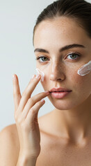  Freckled Beauty Applying Cream: Natural Skincare, Glowing Skin, Beauty Portrait, Fresh Face