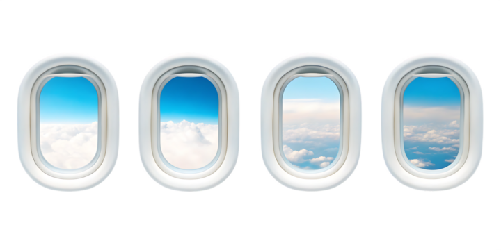 Various airplane window views showcasing clouds and blue skies, perfect for travel and aviation themes. isolated on a transparent background,PNG