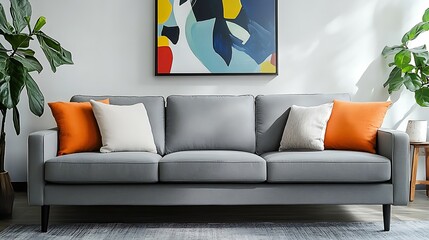 Contemporary gray sofa with colorful accent pillows in a modern living room.