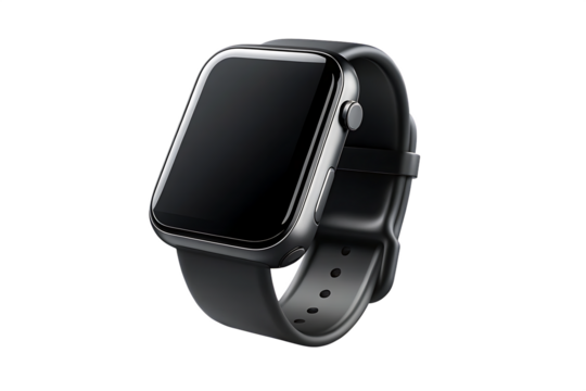 wrist smart watch mockup with black strap, png file of isolated cutout object with shadow on transparent background.PNG