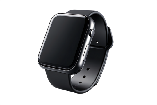 wrist smart watch mockup with black strap, png file of isolated cutout object with shadow on transparent background.PNG - Powered by Adobe