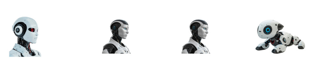 Robotic cyborgs and pet machine in a row of profiles. cut out transparent
