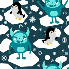 Winter monsters seamless Christmas yeti pattern for wrapping paper and fabrics