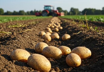 Freshly harvested potatoes in a field with tractor in the background