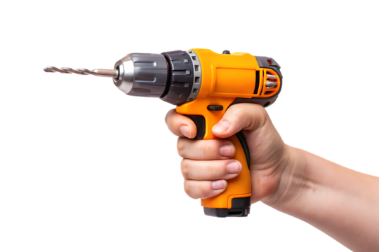 A Hand Holding a Bright Orange Cordless Drill With a Silver Drill Bit Ready to Start a Project on a White or Clear Surface PNG Transparent Background.