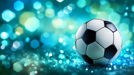 Naklejka premium A blue-hued background with a hexagonal grid serves as the setting for an illustration of a luminous soccer ball