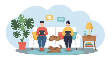 Couple relaxing on sofa with tablets and cat. Flat vector illustration of a man and woman using electronic devices to work at home