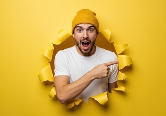 Surprised man pointing through a torn yellow paper background with a beanie