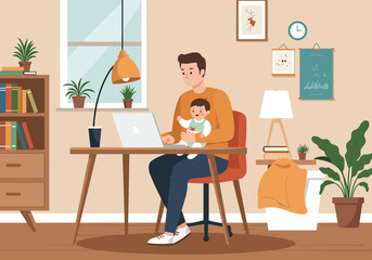 Adobe Illustrator Artwork Man works from home with baby. Flat vector illustration of a man working on a laptop with a baby. Home office scene