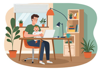 Adobe Illustrator Artwork Man works from home with baby. Flat vector illustration of a man working on a laptop with a baby. Home office scene