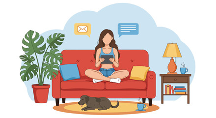 Woman relaxing on sofa with tablet. Flat vector illustration of a woman working using a tablet while lying on a sofa with a dog. Cozy indoor scene