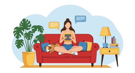Woman relaxing on sofa with tablet. Flat vector illustration of a woman working using a tablet while lying on a sofa with a dog. Cozy indoor scene