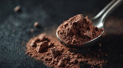 Scoop of Chocolate Whey Protein on Dark Surface