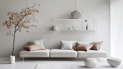 Minimalist living room interior design with neutral tones.
