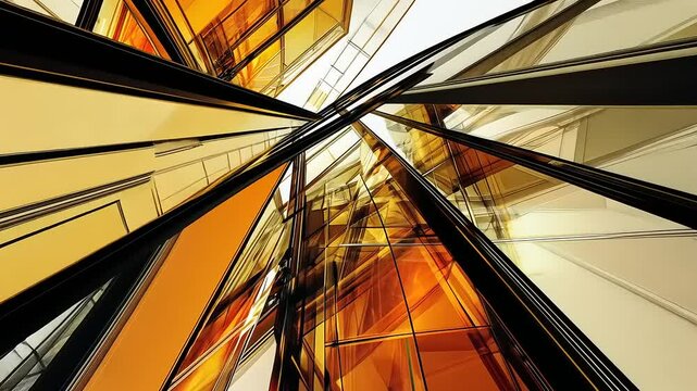 Abstract architectural design with intersecting lines and glass panels in orange and white hues