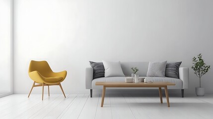 Modern living room interior with yellow chair and light gray sofa.