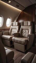 Luxurious leather seating in a private jet cabin featuring spacious armchairs and contemporary interior design, warm lighting, concept of VIP airport service and private jet charter
