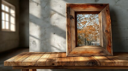Empty wooden frame against a wall, warm lighting, soft focus. Cozy home decor with minimalist charm.