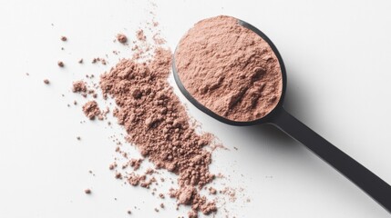 Scoop of whey protein powder on white background