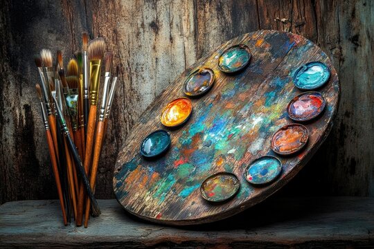 A rustic wooden palette with paint wells and a collection of paintbrushes, a still life of artistic tools.