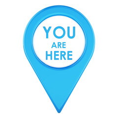 Blue map pointer You Are Here, front view. 3D rendering isolated on transparent background