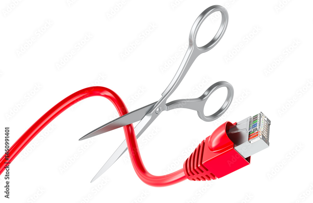 Poster scissors cutting lan network computer cable, 3d rendering isolated on transparent background